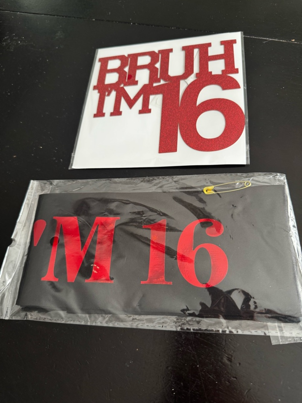 Black Sash & Cake Topper with Red "BRUH I'M 16" Lettering